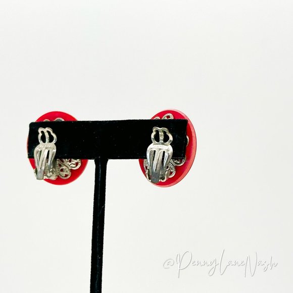 Vintage Clip On Large Red Button Earrings - Picture 4 of 7